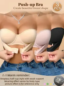 1/3PCS Women's Basic Strapless Bra Push Up Anti-Sagging Set - Front Closure Boost Lift, Back Closure, Minimalist Elegance | Perfect for Bridal off-shoulder mothersdaygift Summervibes