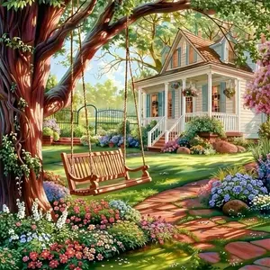 American Cottage with Tree Swing in Spring Garden，Multiple sizes available including square and round diamonds. This 5D DIY diamond painting set diamond art embroidery kit handmade furniture decor holiday birthday art personalized gift.