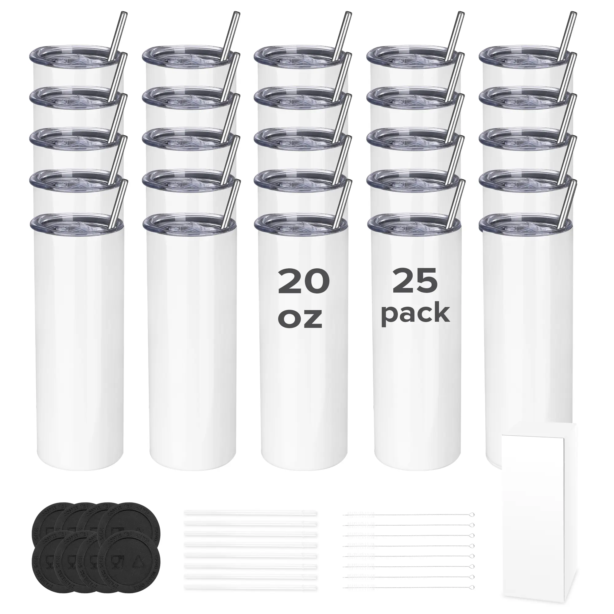 FASTSUB Wholesale 25-Pack 20 oz Sublimation Tumbler Bottles, Stainless Steel Double Wall Insulated Temperature-Control Vacuum Flasks with Lids and Straws for Tumbler Press Machine, Oven
