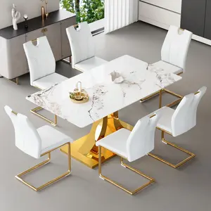Dining Table Set for 6, Kitchen Table Chairs Set of 6, Rectangular Dining Table, Modern Dining Room Set 63" White Tempered Glass Top with Adjustable Stainless Steel Base, PU Leather Upholstered Chairs, Suitable for Dining Room, Office, Kitchen
