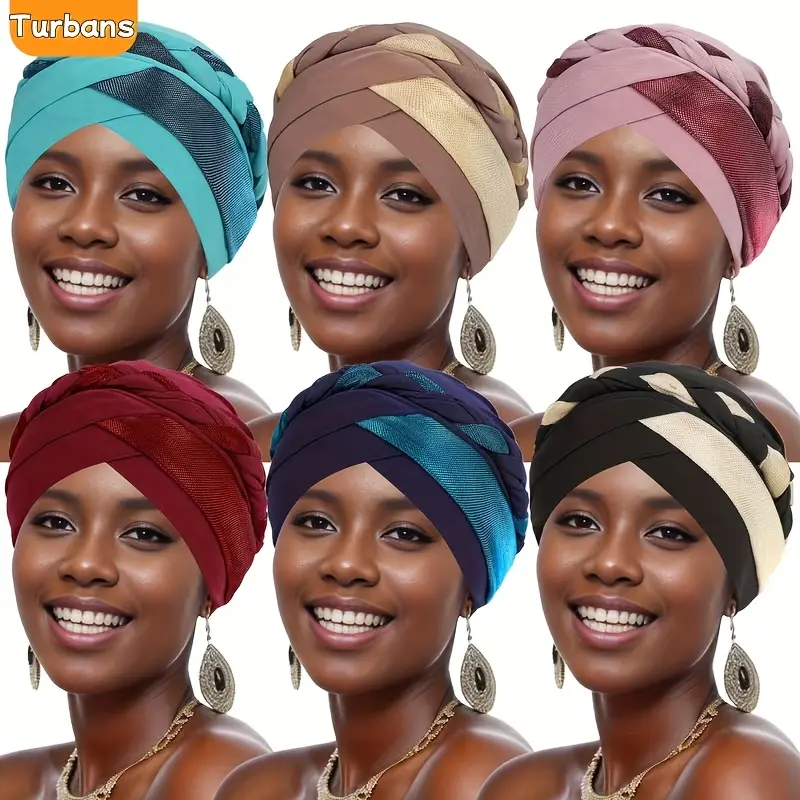 Female 6pcs Bohemian Style Ethnic Turban Headscarves - Twists & Knot Design, Small Braided Hair Hats, Multicolor Binding, Ideal for Daily Wear, Weddings, Elegant Boho Hair Gift Set, Wedding, Turban Head Wrap, Everyday