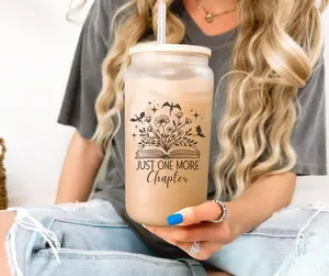 Fantasy Book Lover Glass Cup with Lid and Straw 16 oz Fourth Iced Coffee Cup Wing Glass Tumbler Romantasy Stylish Mug Drinkware Just One More Chapter Design