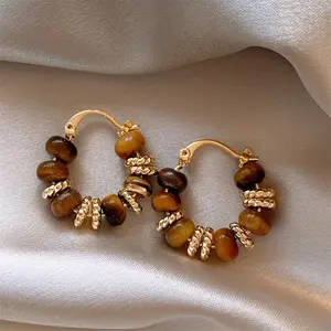 Vibrant Round Tiger Eye Stone Ear Cuffs - Retro French Fashion, Hypoallergenic, Nickel-Free, Durable, Perfect for Easter, Halloween, and Christmas Gifts