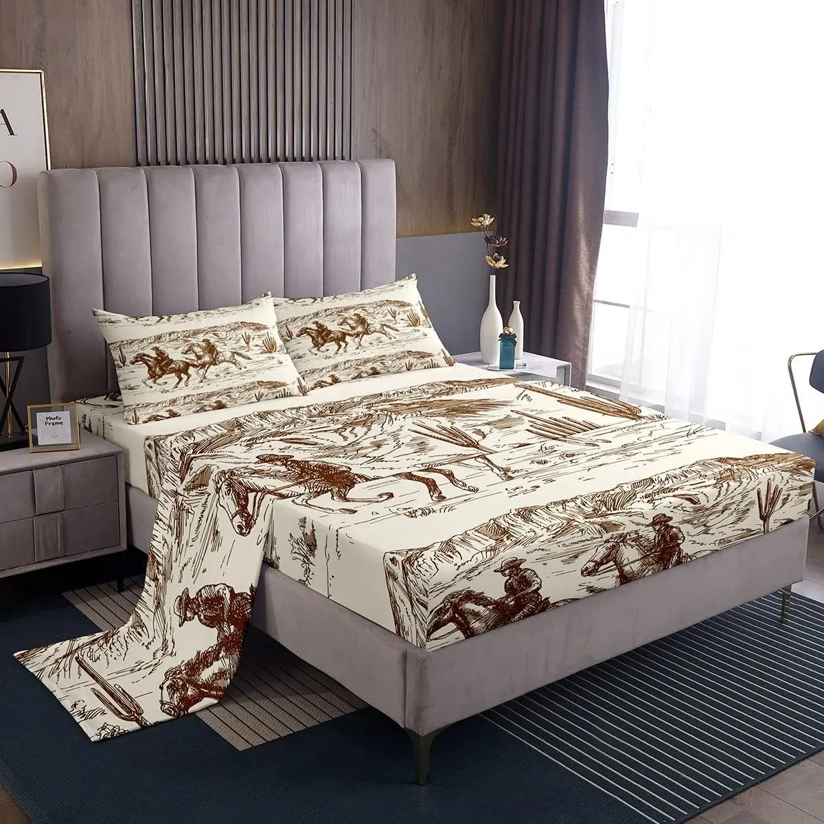Feelyou Western Cowboy Microfiber Hotel Luxury Bedding Set - Hand-Drawn Wild West Print, Deep Pocket Fit Fitted Sheets, Multi-Size Decorative Bedsheet Sets for Home, RV Bedrooms, Reactive Printed