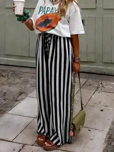 New Spring & Fall Fashion Women's Casual Long Pants, Lightweight Striped Slim-Fit Drawstring Waist, Trendy Ladies' Clothing