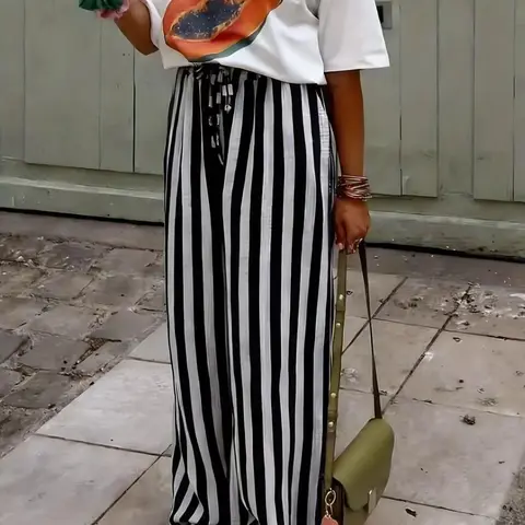 Women's New Spring & Fall Casual Long Pants Bottoms, Fashion Lightweight Striped Design, Slim Fit with Drawstring Waist, Trendy Ladies' Clothing, Fitted Bottom Pants