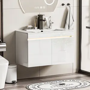 【2 Packages Shipping】Spurgehom 30 Inch Bathroom Vanity with Sink Combo, Smart Wall Mounted Sink Cabinet with Auto Motion Sensor LED Light, High Gloss Modern Floating Vanity with Faucet