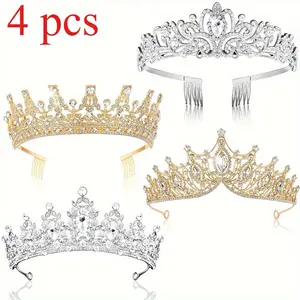 Queen Crowns 4PCS Full Rhinestone Crown Set Crystal Headbands Princess Headband Rhinestone Crown Hair Accessories Decorative Products