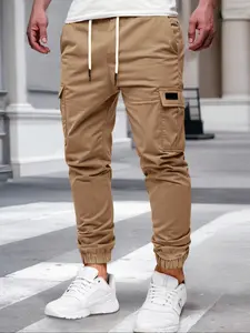 Men's solid - color cargo joggers have an adjustable waist drawstring. These men's cargo long pants feature multiple pockets on both sides, and the pockets are designed with square patches. They are also men's casual long pants, Casual Outdoor Pants.