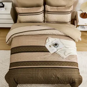 BAGOKIE 7 Pieces Comforter Set Queen Size Striped Bed in a Bag, Brown