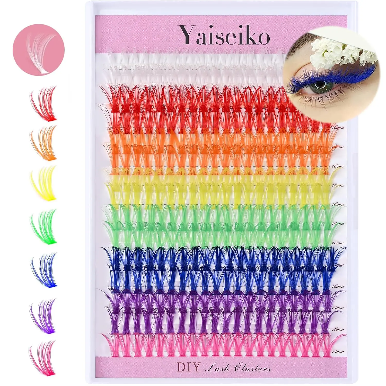 Colored Lash Clusters 300Pcs Individual Lashes D Curl 14mm/16mm Mixed 8 Colors Rainbow DIY Eyelash Extension Colorful Cluster Lashes with White Eyelash Clusters Pack