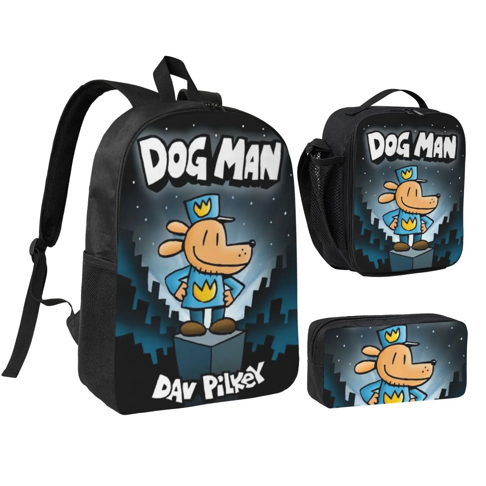 Ultra Light Dog man School Daypack 3pcs Stylish Spanish Players Backpack Set with Insulated Lunch Bag & Pencil Pouch Hot Trend Dogman Backpack   Back to School Gifts