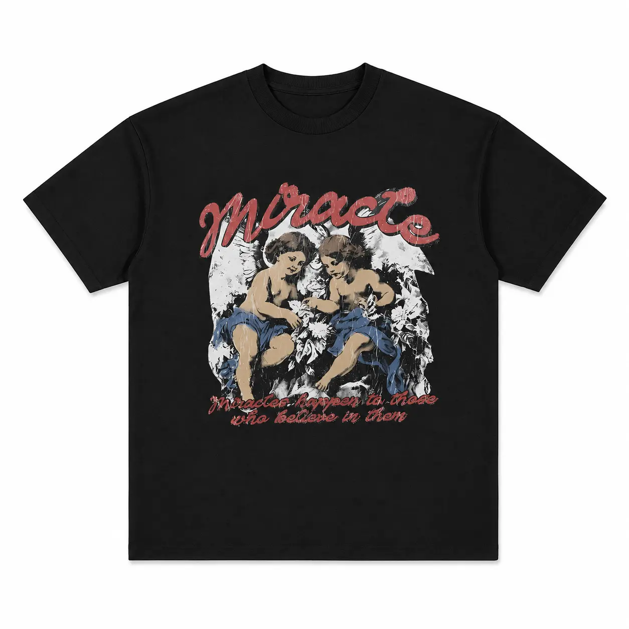 Vintage Cherub Angel Graphic T-Shirt, Miracle Letter Print Heavyweight Cotton Tee, Oversized Streetwear Black Short Sleeve Shirt for Men & Women