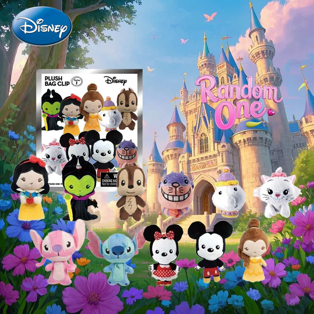 1PC Disney Officially Licensed Blind Bags Soft Touch Keychain For Bags Disney Blind Box Bag Clip Keyring Random One 3D Princess Series Snow White Mickey Minnie Stitch Clothing Backpack Decoration Birthday Christmas Gifts Cute Soft Keychains