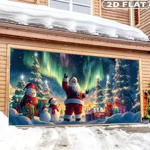 1count 2D FLAT Large Christmas Garage Door Banner, Festive Backdrops, Banners, Outdoor Banners, Polyester Aurora & Starry Sky Santa Claus Snow Scene, Durable & Vivid, with Party Banner for Christmas Eve, Winter, New Year Holiday Home Decor