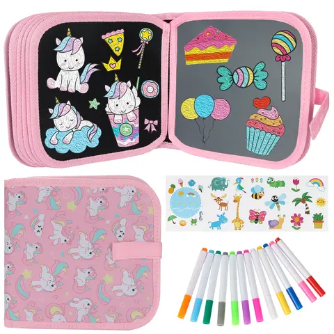 Kids' Erasable Magic Doodle Book Creative Crafts Kit - Watercolor Set with 12 Pens, 14 Pages, Eco-Friendly Reusable, Road Trip Activity, Unicorn Gift for Boys & Girls' Art Learning