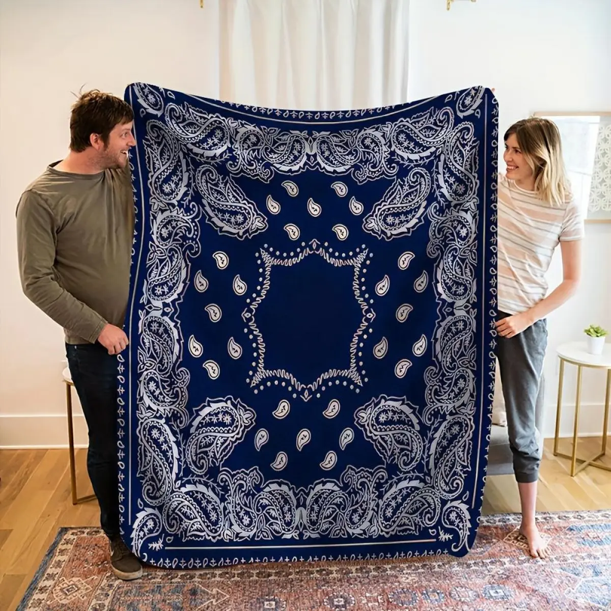 1-Piece Rustic Look Flannel Fabric Crochet Blanket - Blue and White Paisley Print, Fade Resistant, All-Season Soft, Hand Wash Only, Suitable for Bed, Sofa, Holiday Gift