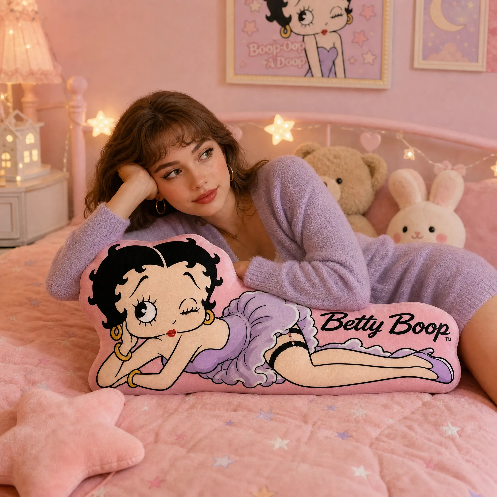Betty Boop Shaped Body Pillow, Pink Cartoon Character Decorative Throw Cushion for Bedroom, Sofa and Girls’ Room Decor