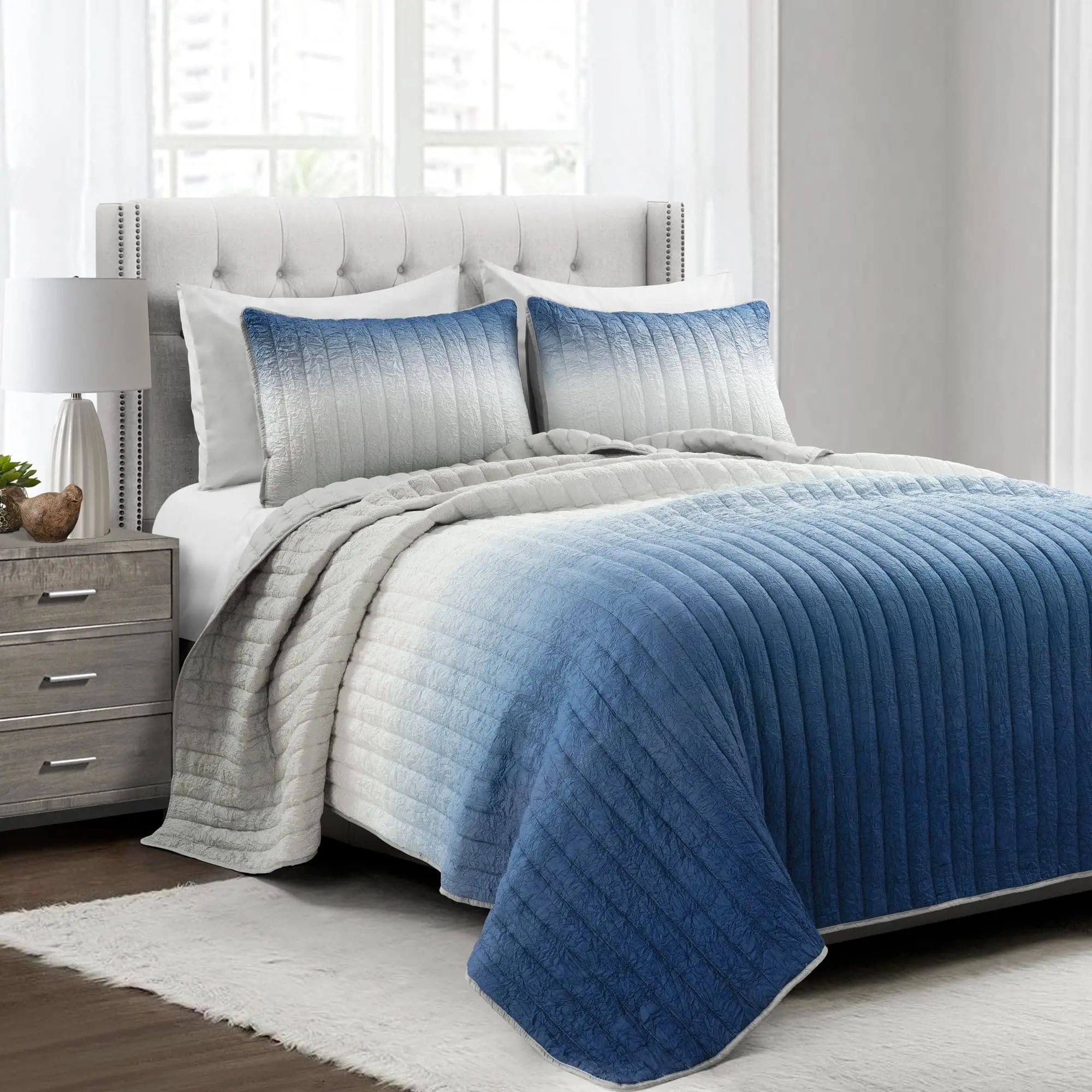 Lush Decor Crinkle Ombre Oversized Textured Bedding 3-Piece Quilt Set, Full/Queen/King Sizes, Quilted Pattern, Machine Washable, Textured Bedding Set
