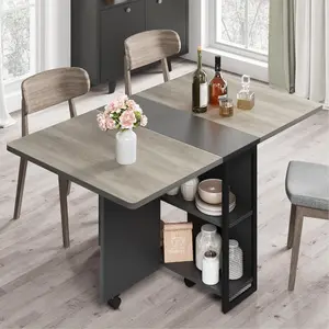 Folding Dining Table, Space Saving Farmhouse Dining Table for 4 Storage Shelf, 6 Wheels Multipose Expandable Kitchen Drop Leaf Table for Small Space (Carlo Grey, 47.2"D x 23.6"W x 29.5"H)