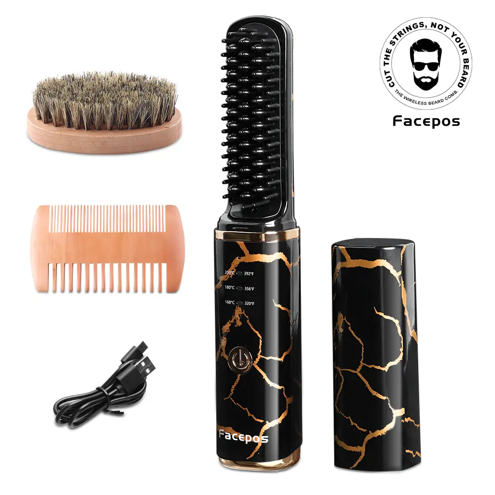 Wireless Heated Beard Straightener Comb for Men – FACEPOS Cordless Beard Brush with 3 Heat Settings, Anti-Scald Design + Bonus Beard Brush & Wooden Comb