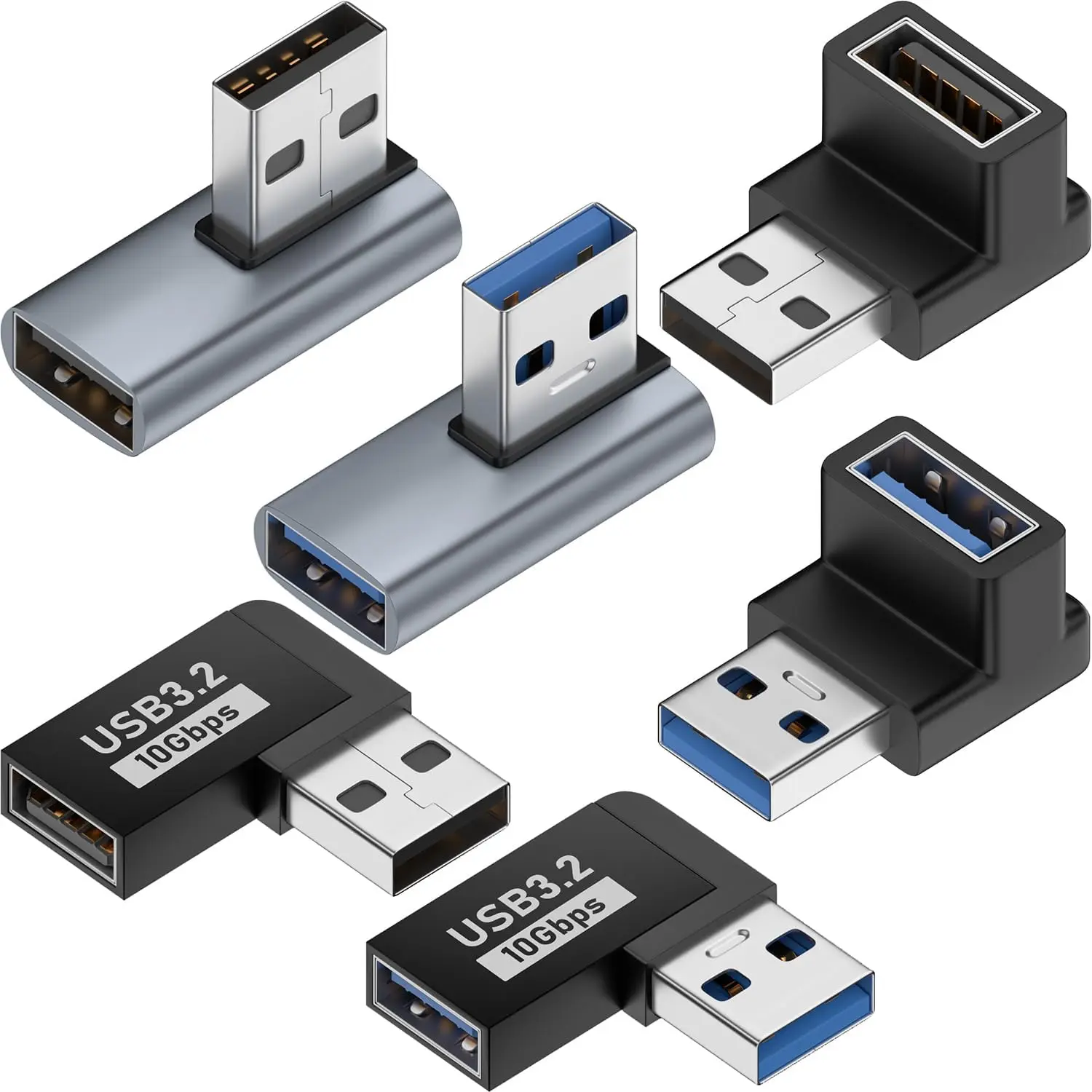 6 Pack 10Gbps Speed USB 3.1 Male to Female 90-Degree Adapters (Up, Down, Left, Right & 2 Extra Types) - 3A Charging Support for Mobile Electronics, USB-A Enabled Devices