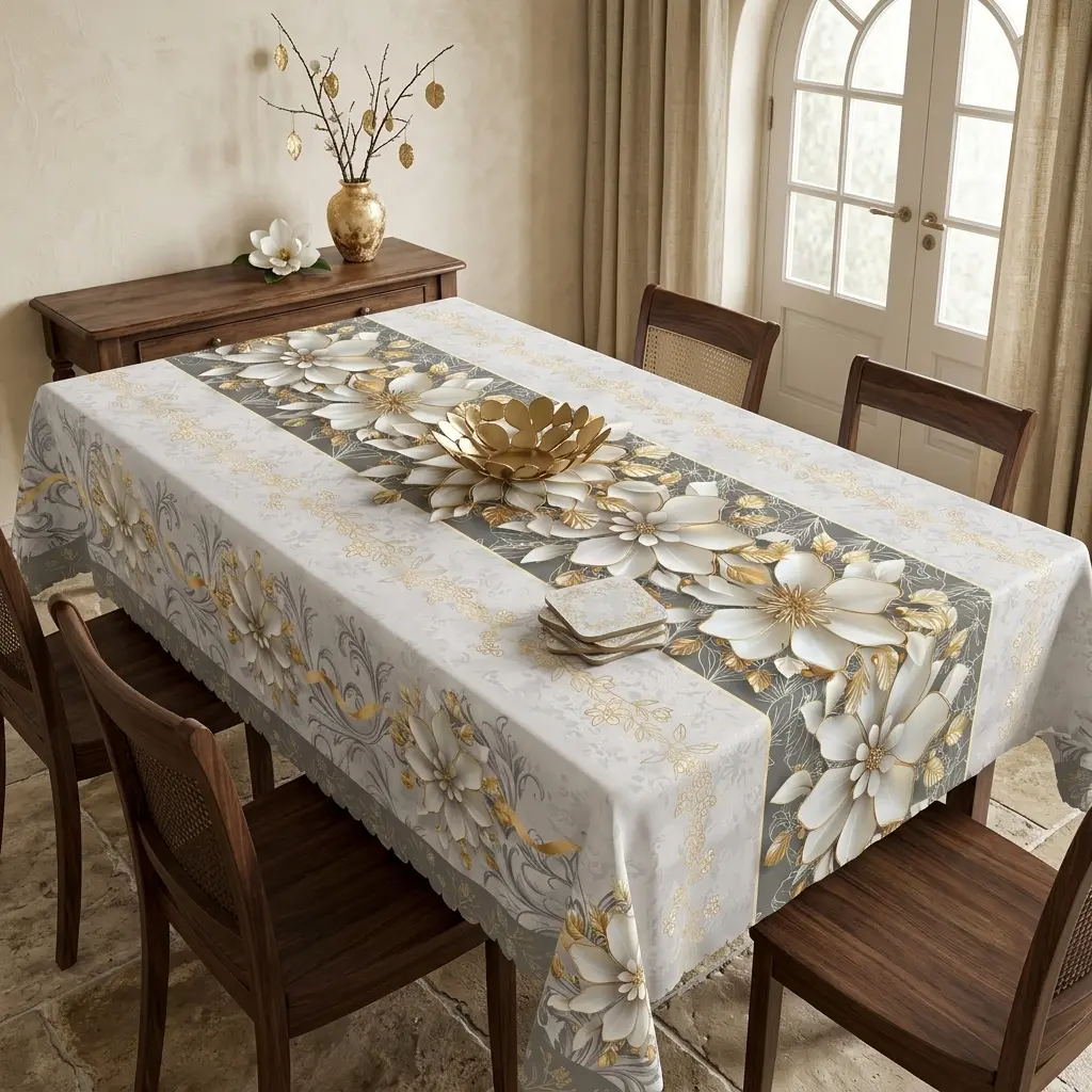Elegant Floral Tablecloth, Grey White Golden Flower Printed Decorative Table Cover, Rectangular Round Table Linen for Wedding Banquet Dining Room Decoration