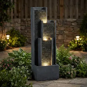 40 Inch Modern Outdoor Water Fountain, Floor Standing Cascading Waterfall with Contemporary Curves, Suitable for Porch, Office, Home Garden, Patio