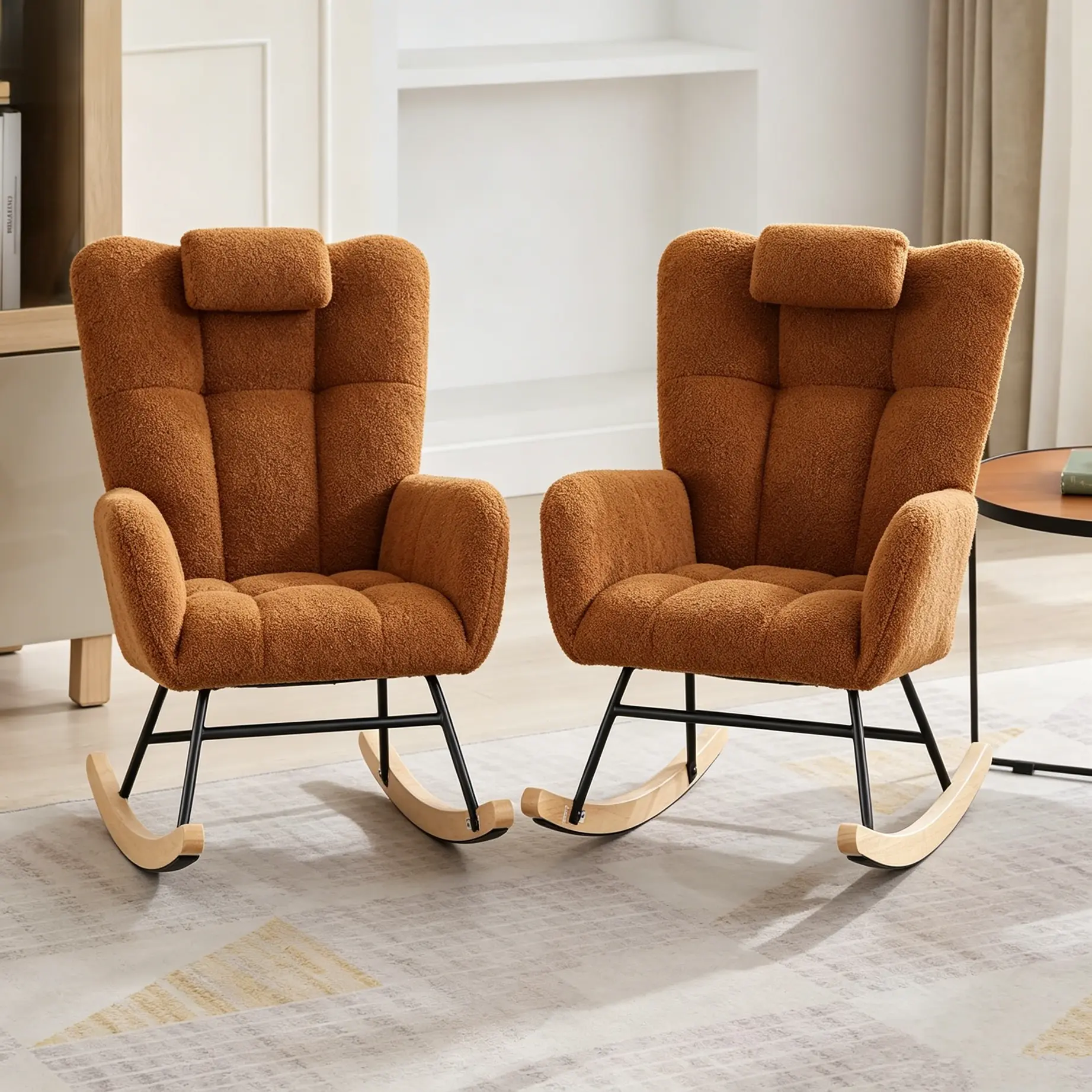Set of 2 – 300 lb Capacity Nursery Glider Rocker – Teddy Upholstered with Wood Legs for Living Room, Bedroom, Nursery – Includes Side Pockets