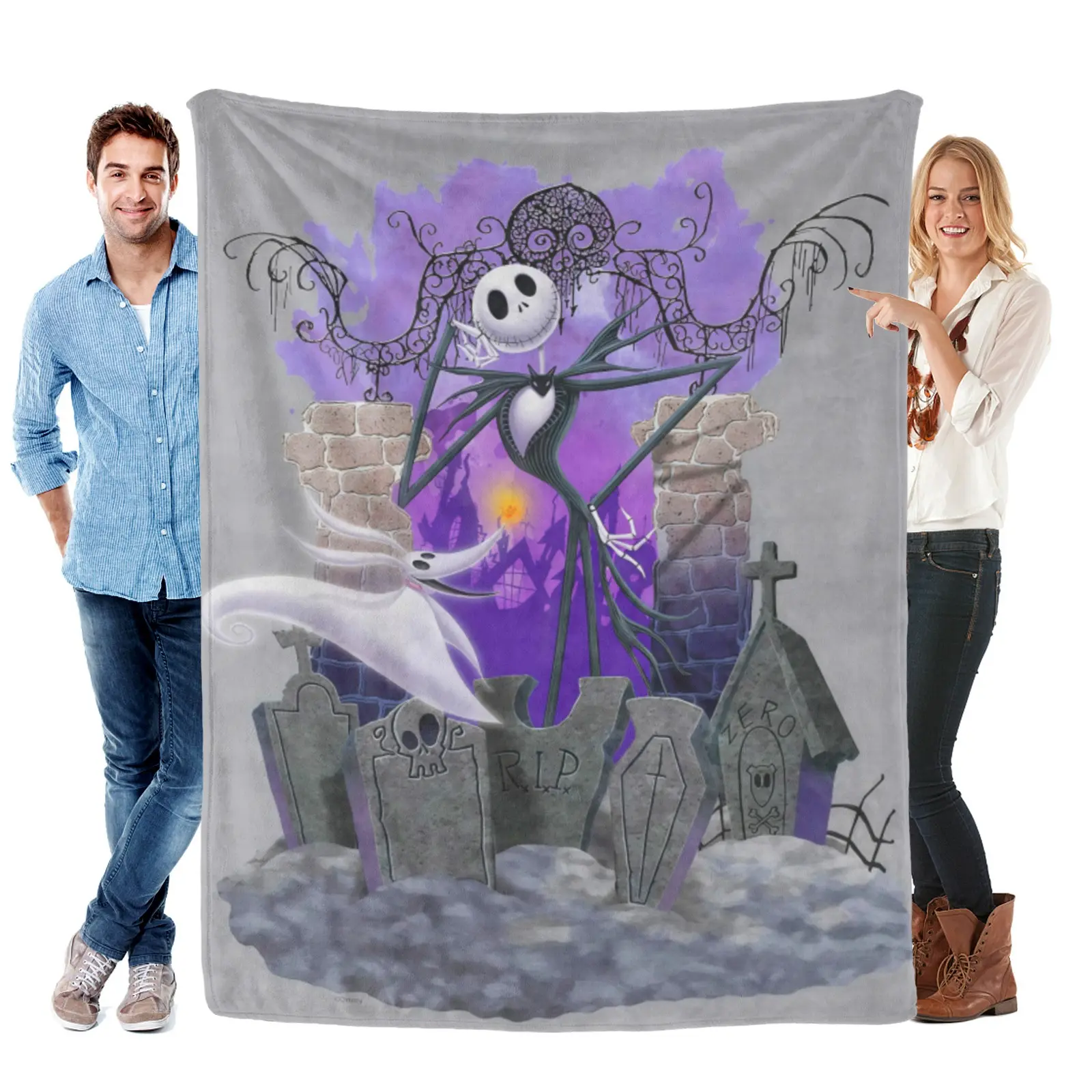 Disney Jack Skellington Tombstone Halloween Blanket, Plush Flannel, Spooky Goth Bedding For Room Decoration
