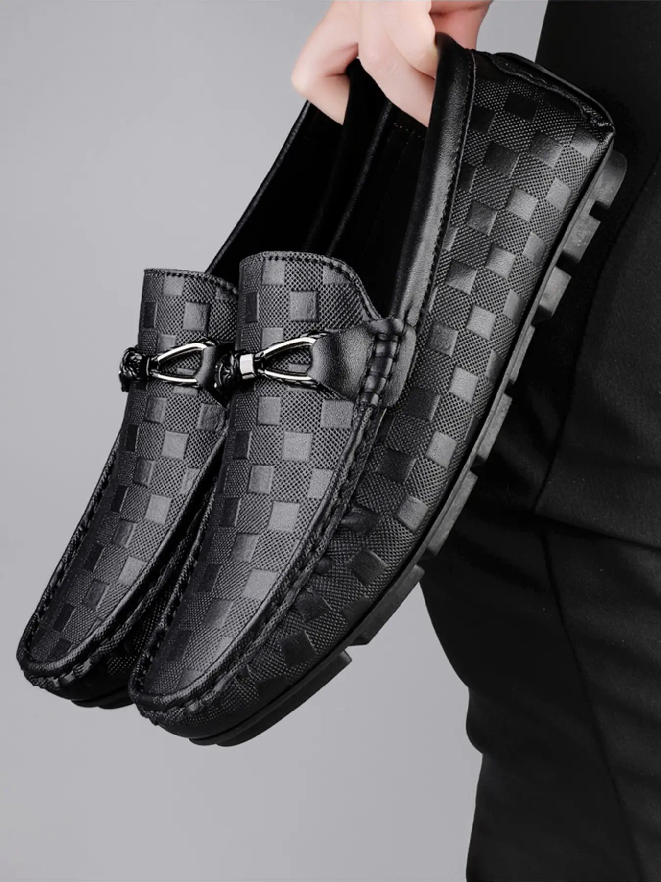 Men's Slip-On Flat Leather Solid Color Business Style Loafers, Fashionable Plaid Comfort Shoes, Formal & Casual Wear, All-Season Versatile Lightweight Men's Footwear