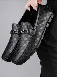 Men's Slip-On Leather Solid Color Loafers, Fashionable Plaid Comfort Shoes, Formal & Casual Wear, All-Season Versatile Lightweight Men's Footwear