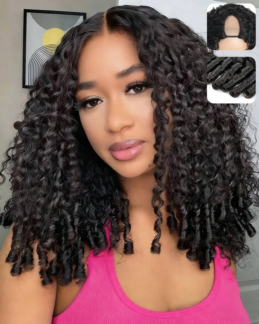 [V Part Drawstring Glueless Wig] MYLOCKME 180% Densiity 12-32 Inch Burmese Curly  V Part Drawstring Glueless Wig Human Hair No Leave Out Brazilian Deep Wave Human Hair Wigs For Black Women