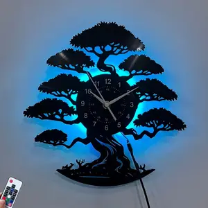 Vintage Tree Theme LED Vinyl Record Wall Clock - Silent Night Light, Modern Rustic Wall Decor for Home Office Cafe, Unique Birthday & Housewarming Gift, Battery Not Included, Led Wall Clocks