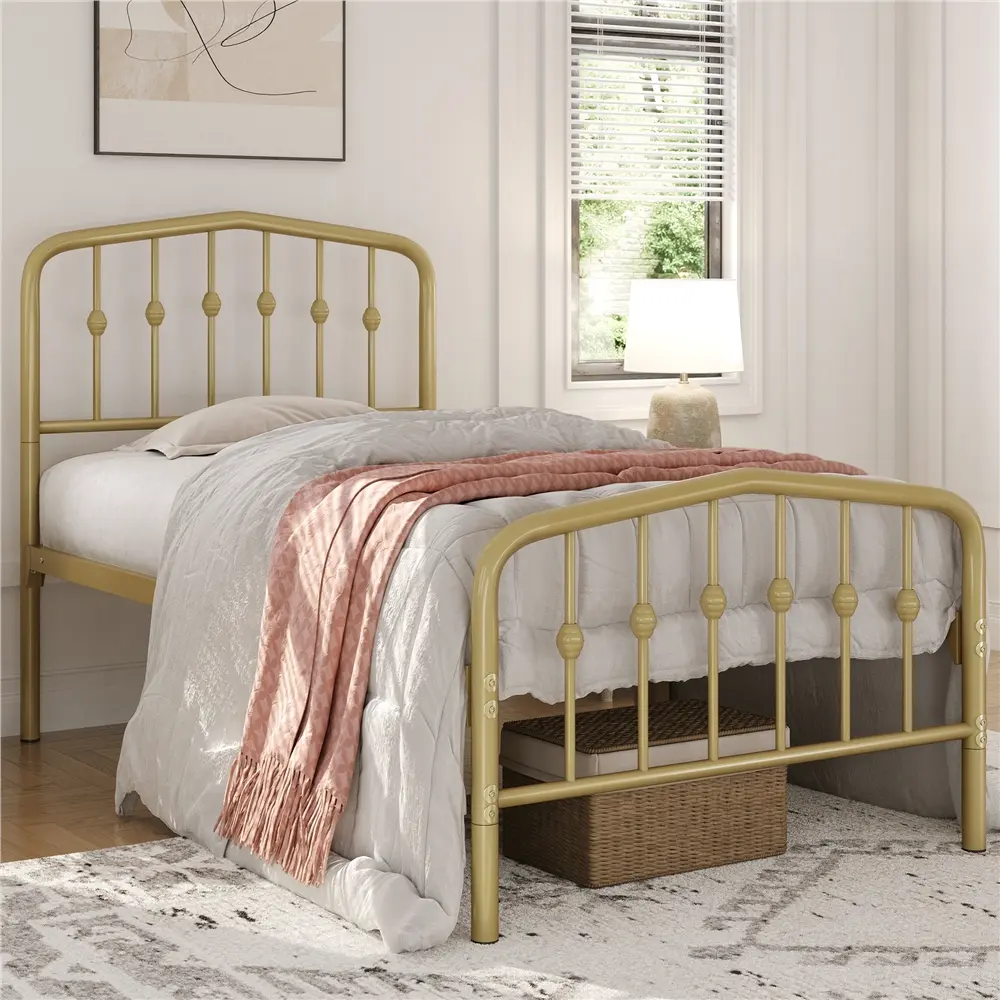 Yaheetech Modern Metal Bed Frame with Arched Headboard and Footboard/Spacious Underbed Storage Space/Heavy Duty Slat Support/No Box Spring Needed/Antique Gold,dorm essentials,home decor