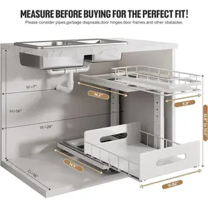 Sink Organizer Upgrade Dual Pull Out Cabinet Adjustable Slide Out Drawers For Bathroom Kitchen,2 Pack-14.5" Dx12.8-16.9"
