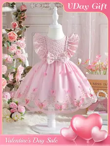 Sweet pink dress for baby girls in autumn and winter season, with flying sleeves and a bow around the waist, mesh skirt with butterfly decoration, full of princess style and cute, suitable as birthday gift, travel outfit, Toddler outfit