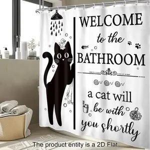 1pc Funny Black Cat Shower Curtain Cute Cartoon Cat Bathroom Decor with "Welcome To The Bathroom" & "A Cat Will Be with You Shortly" Text 7 Hooks Included