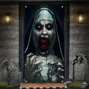 2D FLAT Banner 1pc Spooky Devil Nun Halloween Door Flag - Durable Polyester, No Power Needed, Indoor/Outdoor Use with Glowing Eyes & Sharp Teeth Design for Halloween Parties, Halloween Decorations Party Decorations Banners