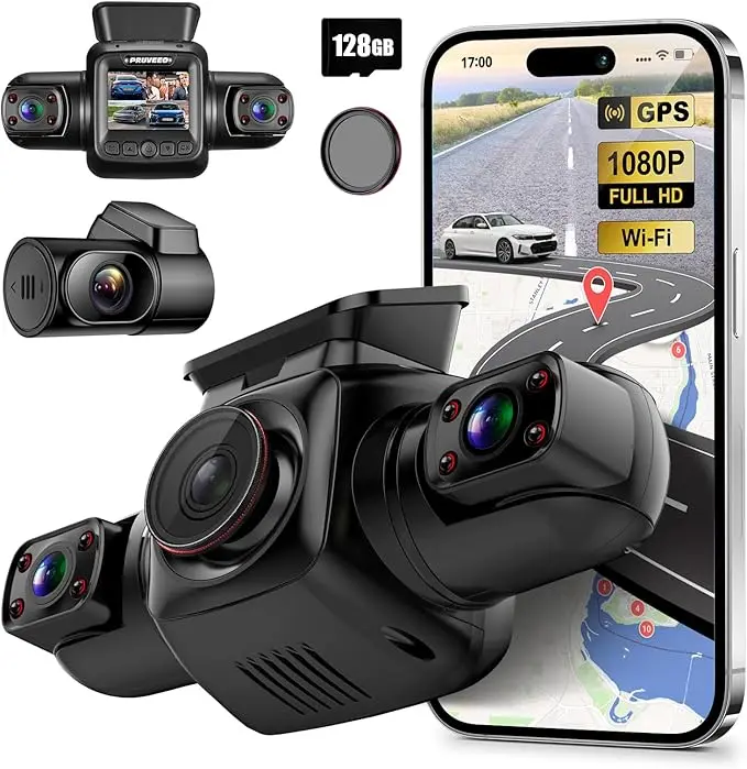 PRUVEEO 360 Degree View 4 Channel Dash Cam Front and Rear Inside Left Right, Dash Camera for Cars with CPL, Built-in GPS WiFi Night Vision, 24/7 Recording Parking Mode Monitor, Free 128G Card, Car Dashboard Camera, Dashcam Car Cameras