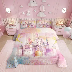 Feelyou Reversible Princess Comforter Set - Girls' Dreamy Castle Fairy Bedding with Cute Rainbow Design, U-Stitching, Travel-Friendly Kids' Room Decor