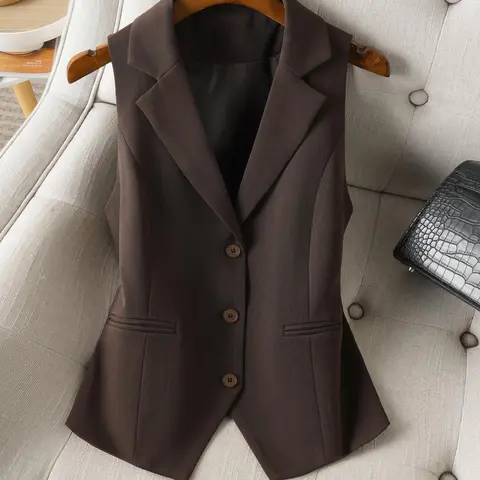 Women's Chic Chelsea Collar Gilet, Plain Button Front, Fitted Short Vest Best Fit Design, Suit Vest Tops, Spring & Fall Business Wear Formal Wear, Minimalist Style, Practical Pockets