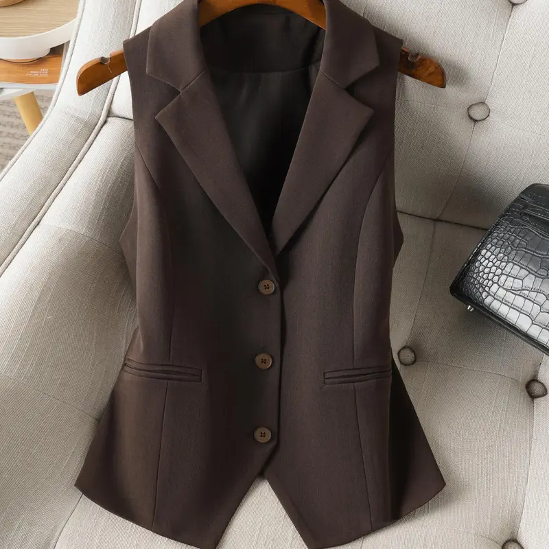 Women's Chic Chelsea Collar Gilet, Plain Button Front, Fitted Short Vest Best Fit Design, Suit Vest Tops, Spring & Fall Business Wear Formal Wear, Minimalist Style, Practical Pockets