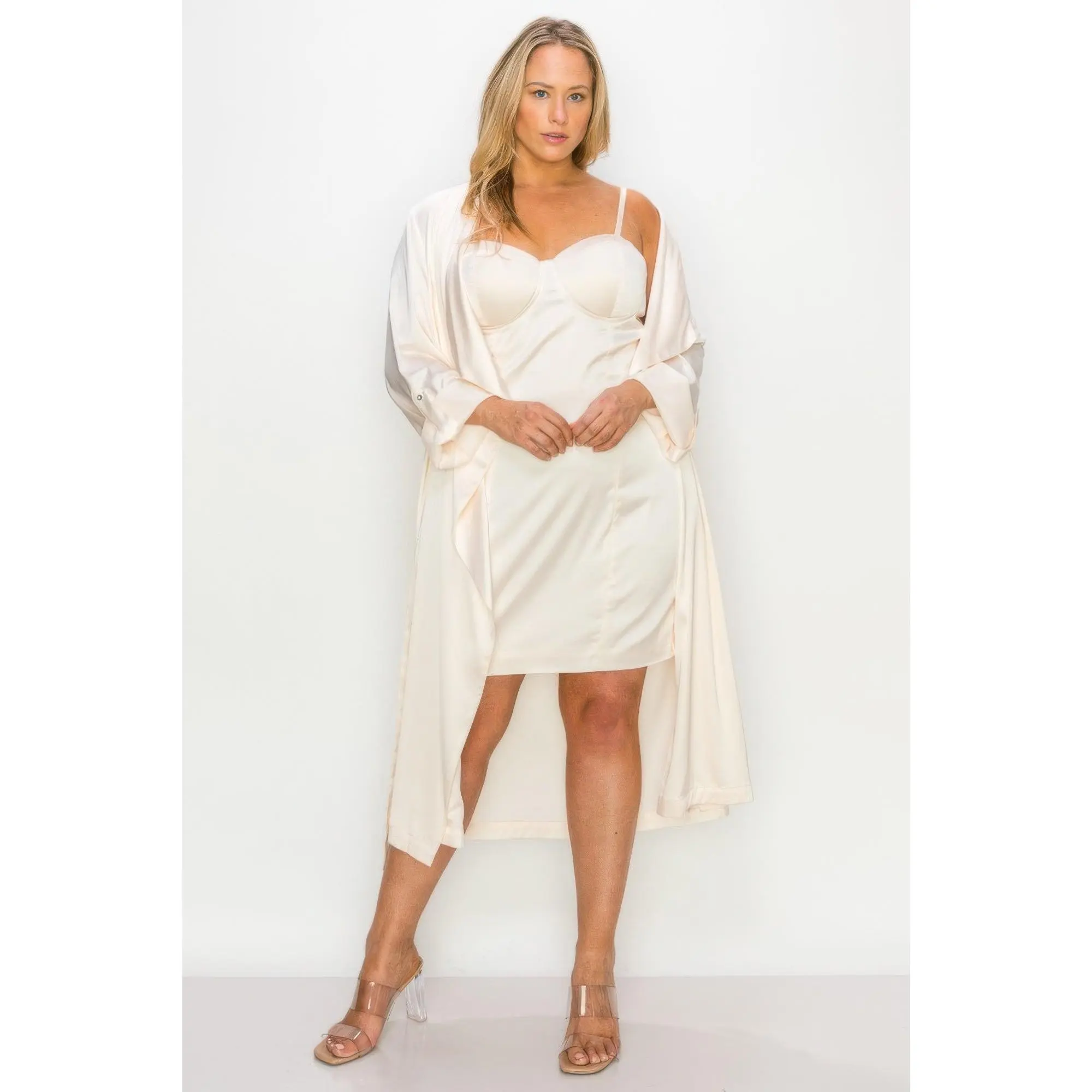 Women's Silky Smooth Minimalist Polyester Satin-Strap Dress With Self-Belt Coat Set, Spaghetti Strap, Elegance