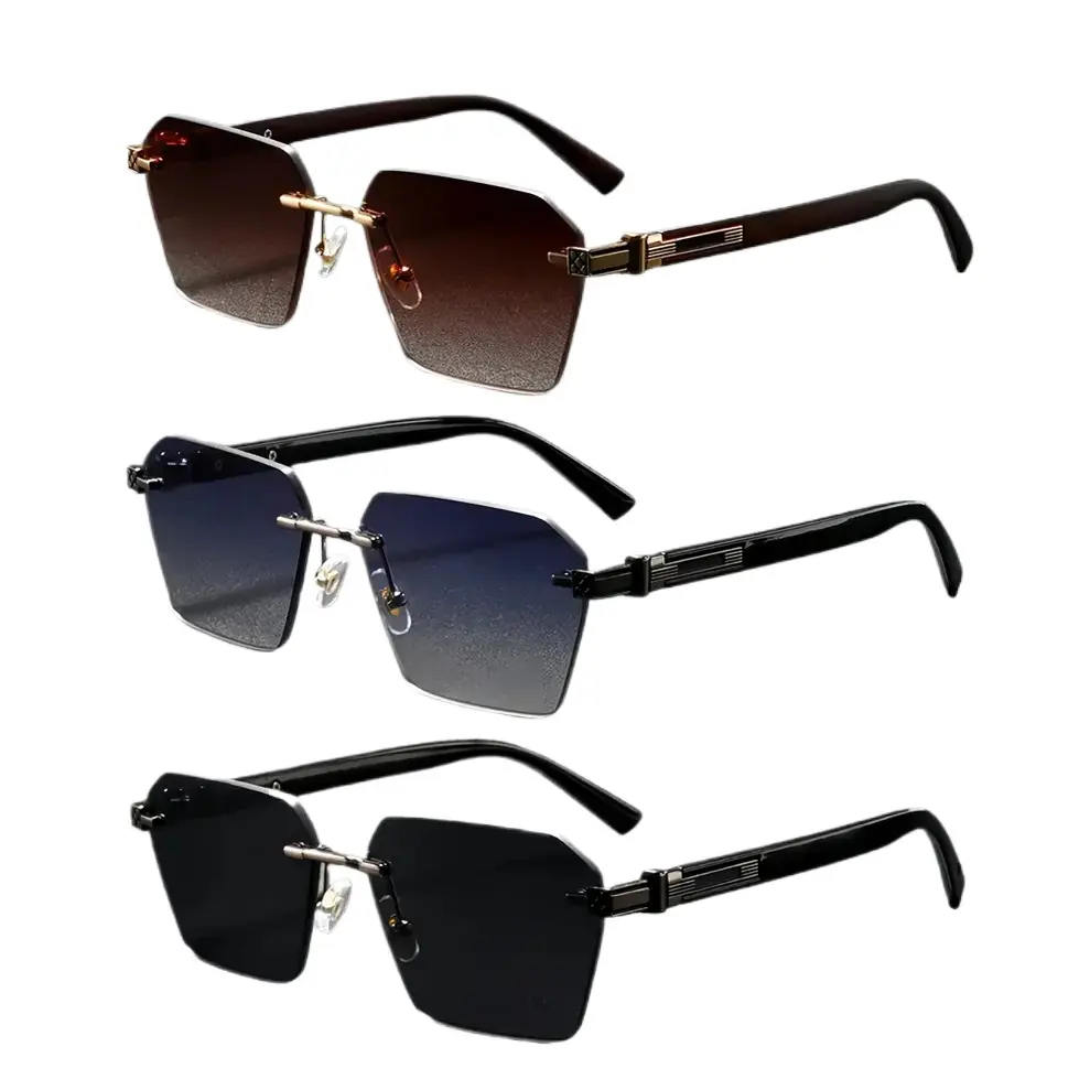 3 Pack Shades, Unisex Retro Rimless Rectangle Metal Sunglasses with Gradient Lenses and UV400 Shield for Driving and Street Style, Unisex Names, 3Pcs, Luxury Retro Fashion, Solid Gradient, Uv-Protection Lens