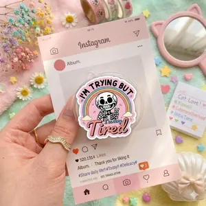 I’m Trying But Very Tired Phone Grip – Humorous Skeleton with Rainbow, Playful Kawaii Accessory for Teen & Student Phones
