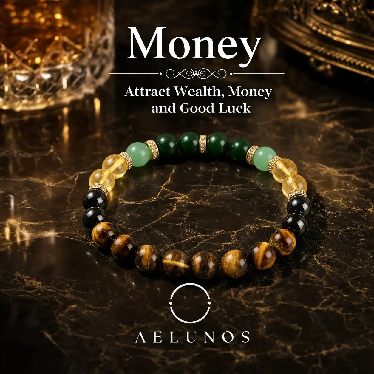 AELUNOS Unisex Tiger's Eye Beaded Bracelet - Natural Crystal Geometric Prosperity Jewelry, Beading, Natural Stone, Crystal Stacking Bracelet, Gift-Ready Birthday Present