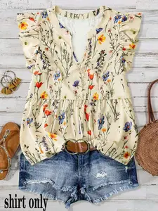 【Plus Size】 Floral Print Curved Hem Top, Casual Short Sleeve Top for Summer, Women's Plus Clothing for Daily Wear, Blouse, Casual Blouses, Casual Boho Blouses