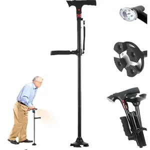 Dual Handle Ready Walker Cane with Light Alarm, Height Adjustable from 29.9" to 37.8", Folding Self-Standing Design, Emergency Alert Button, Ergonomic Grip for Comfortable Support