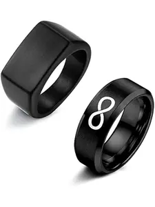 2PCS Black Signet Ring Infinity Band Rings Set for Men Stainless Steel Glossy Matte Finish Beveled Polished Edge Comfort Fit Husband Father Gift Size 6-14
